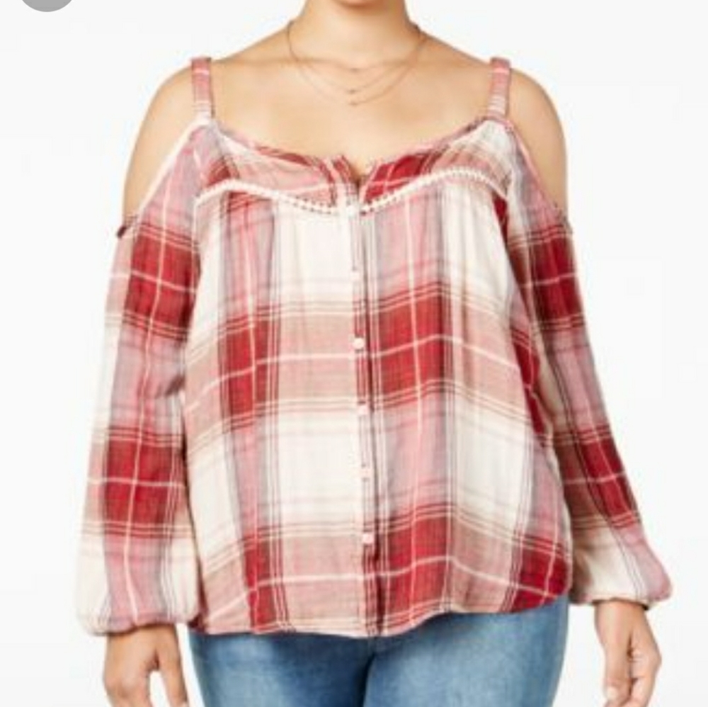 Jessica Simpson Pink Mauve plaid cold shoulder top